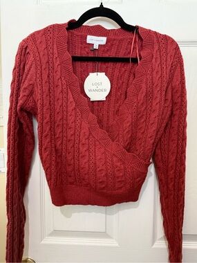Lost + Wander Cable Knit Wrap V-Neck Sweater - Deep Red